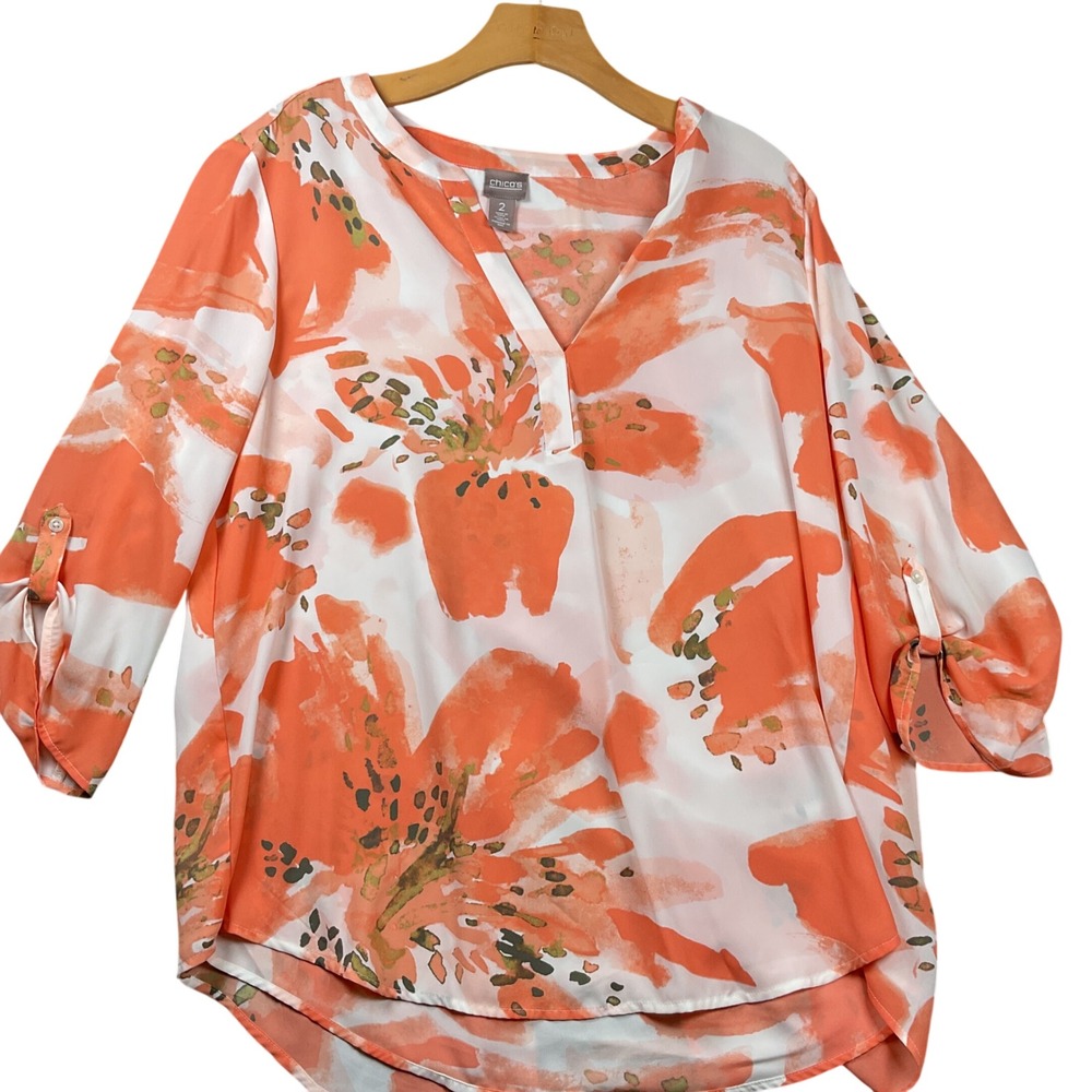 Chico's Floral V-Neck Blouse Womens Size 2 L Orange Excellent Roll‎ Tab Sleeve